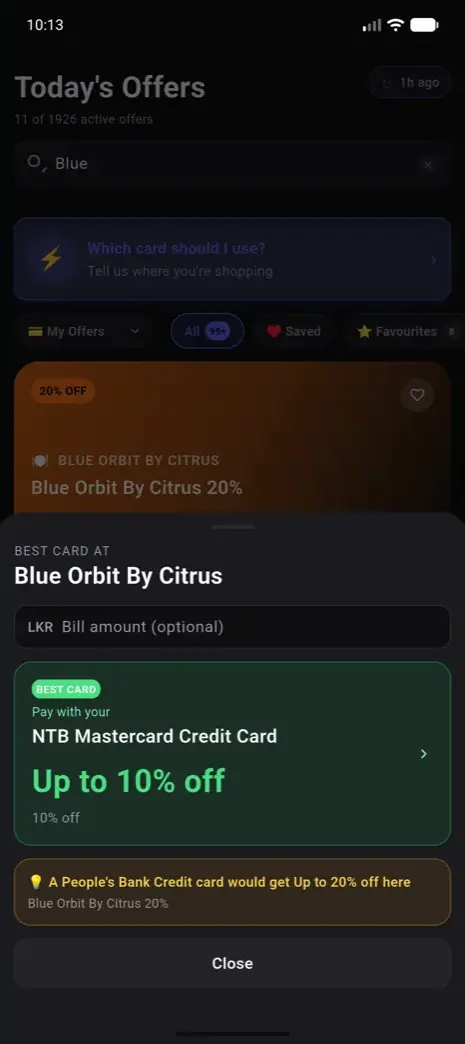 Phronix verdict screen noting that a People's Bank card would get a better discount at this merchant