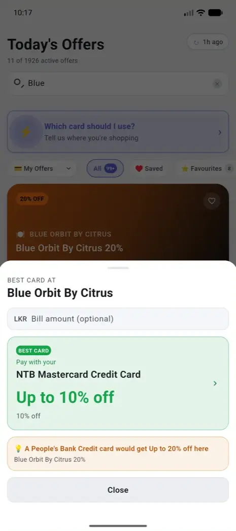 Phronix verdict screen noting that a People's Bank card would get a better discount at this merchant