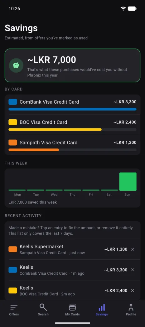 Phronix Savings screen: a running total saved this year, a breakdown by card, and this week's activity