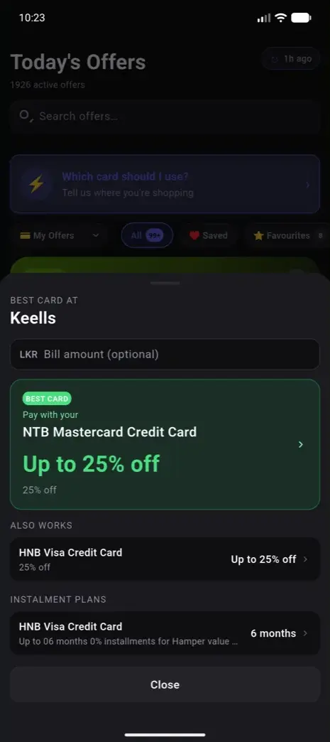 Phronix best-card verdict screen showing the best card to use at Keells