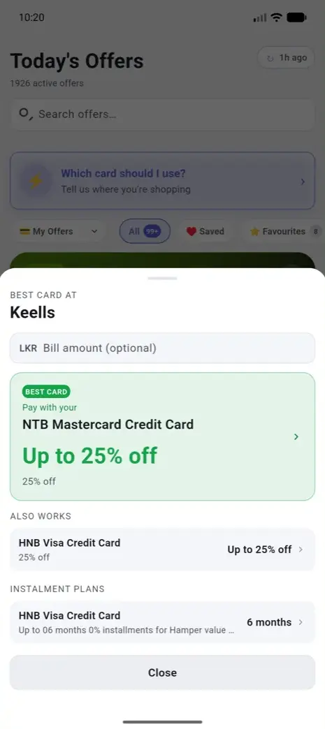 Phronix best-card verdict screen showing the best card to use at Keells